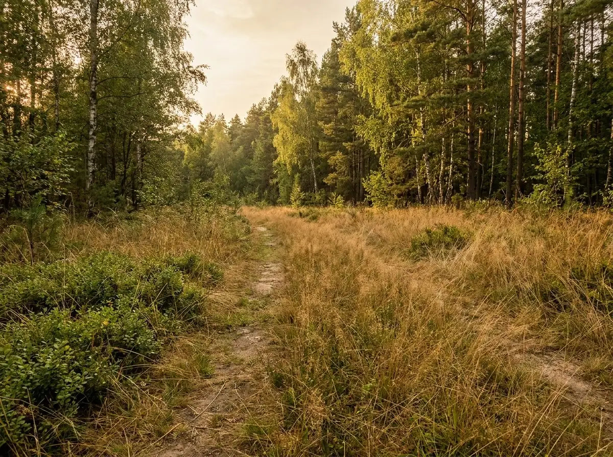 Pad door hoog droog gras langs de bosrand — klassiek tekengebied