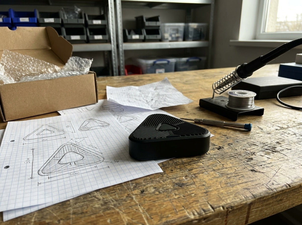 Werkbank met oscilloscoop en prototypes van de Eoka-clip in verschillende versies